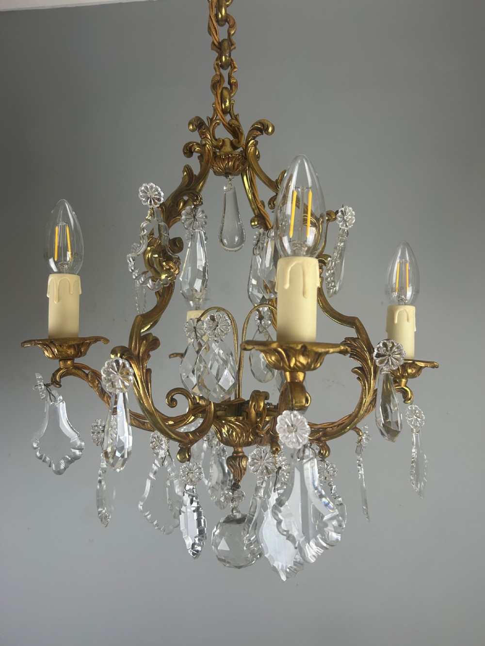 French Gilt Brass 4 Light Birdcage Chandelier View IX