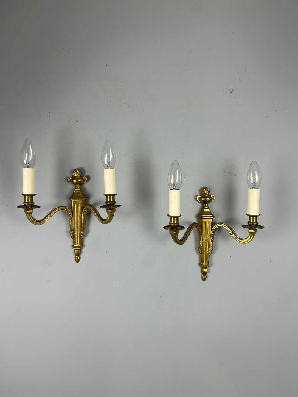 Pair Of French Gilt Brass Antique Wall Lights, Rewired