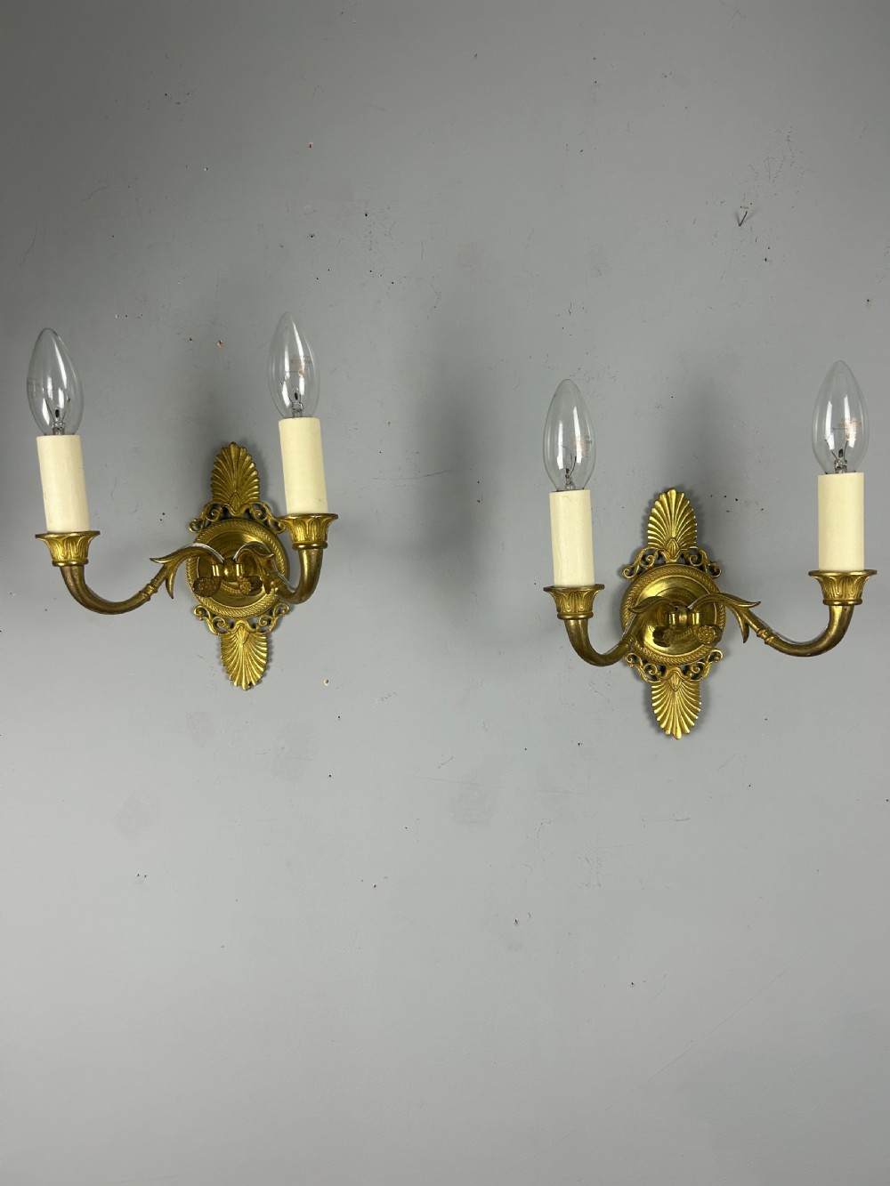 Pair Of French Gilt Brass Antique Wall Lights, Rewired