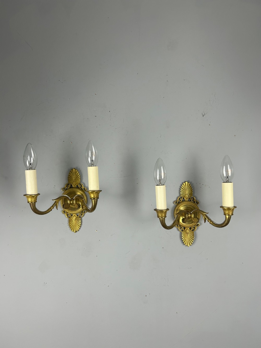 Pair Of French Gilt Brass Antique Wall Lights, Rewired View II