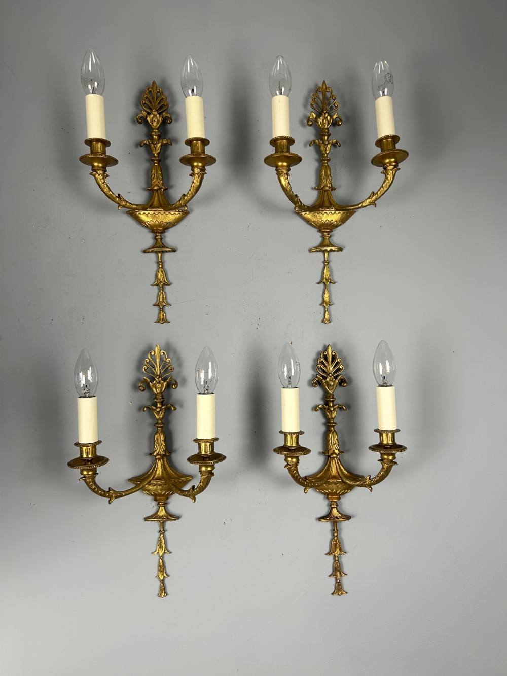 French Set Of Four Twin Arm Antique Wall Lights, Rewired View II