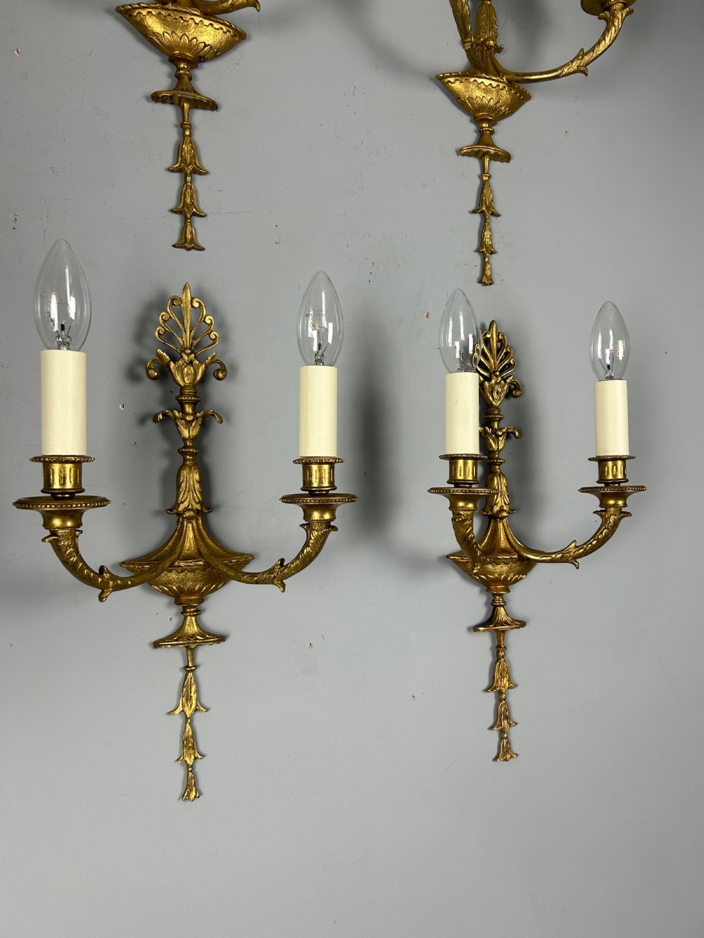 French Set Of Four Twin Arm Antique Wall Lights, Rewired View IX
