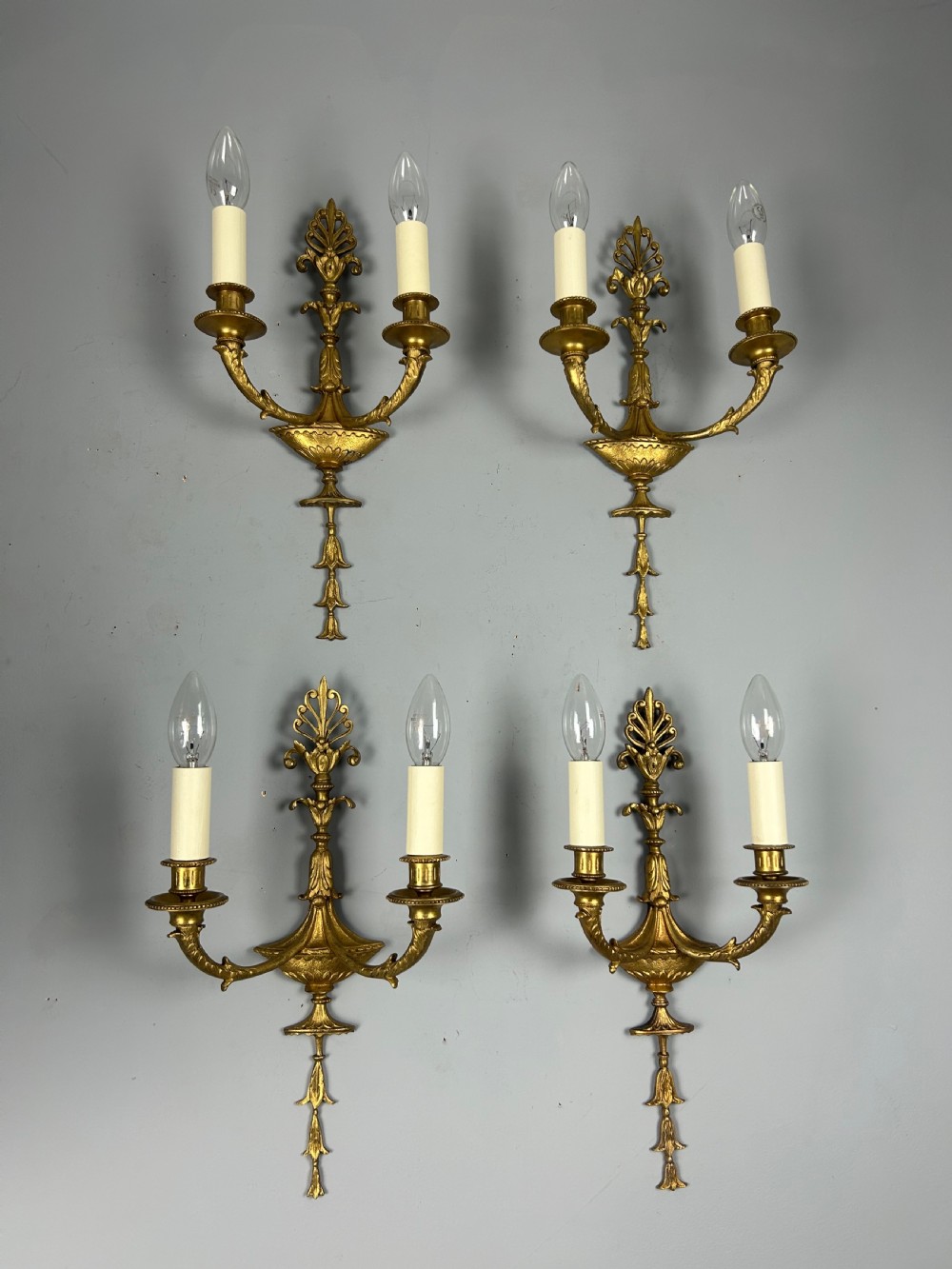French Set Of Four Twin Arm Antique Wall Lights, Rewired View XI