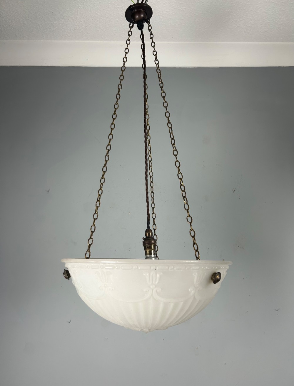 Edwardian Moonstone Plafonnier Ceiling Light, Chandelier, Original Shade, Rewired 