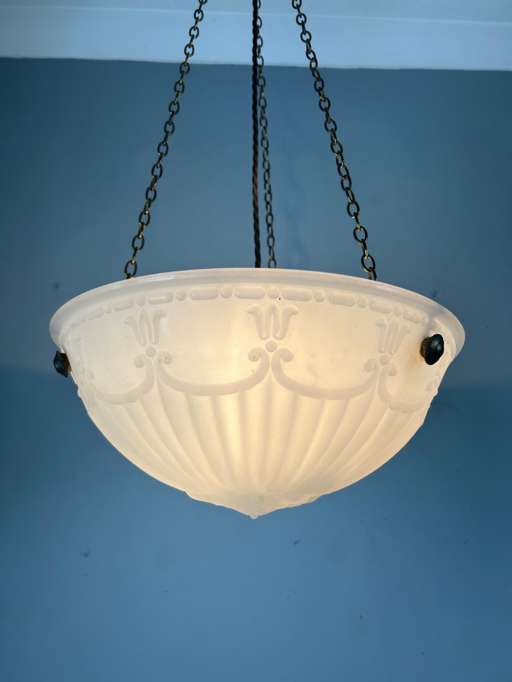 Edwardian Moonstone Plafonnier Ceiling Light, Chandelier, Original Shade, Rewired  View II