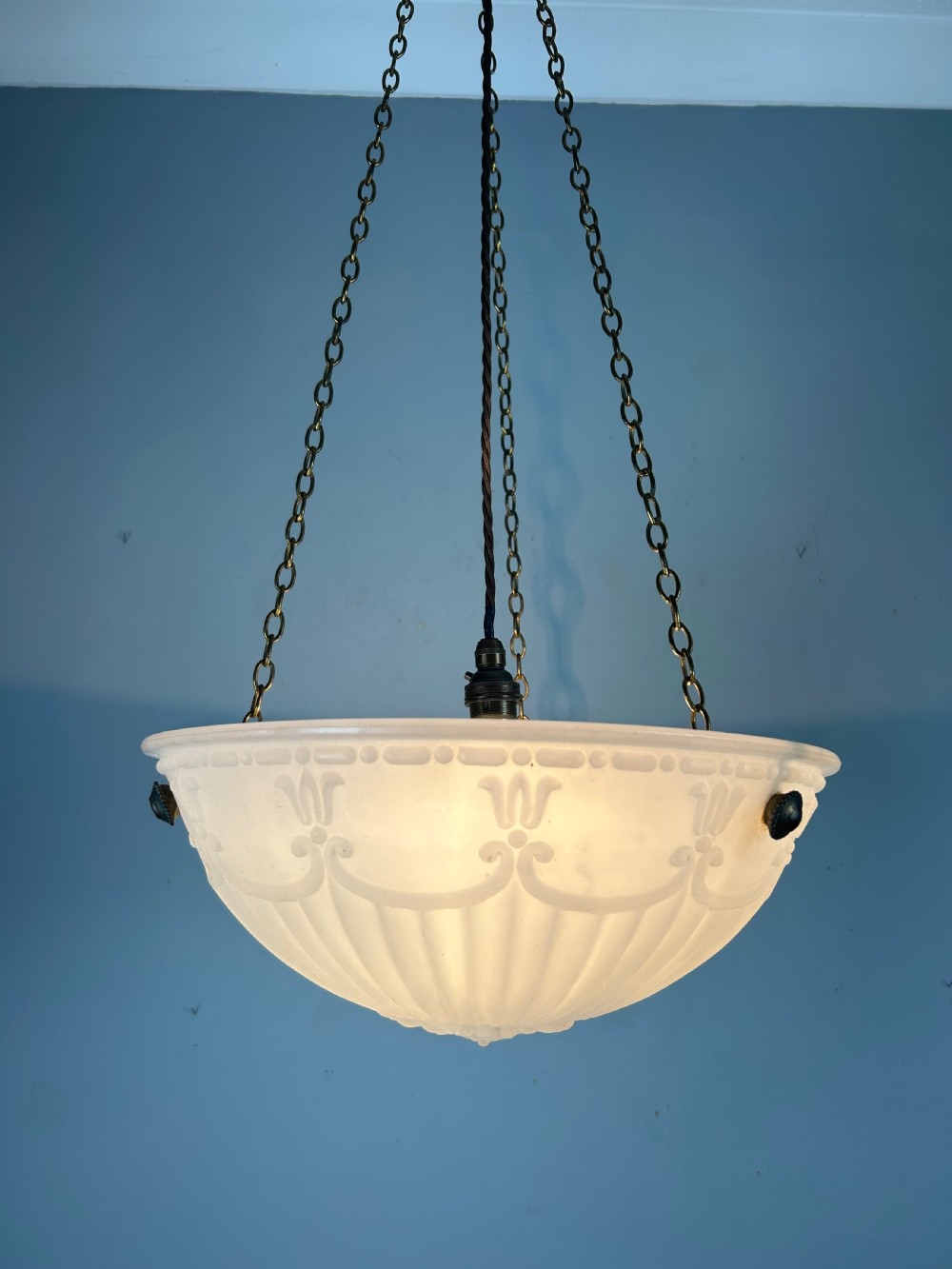 Edwardian Moonstone Plafonnier Ceiling Light, Chandelier, Original Shade, Rewired  View III