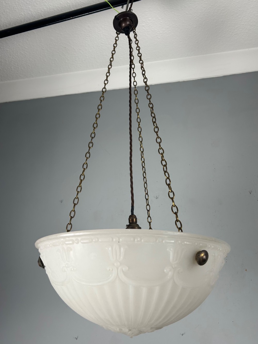 Edwardian Moonstone Plafonnier Ceiling Light, Chandelier, Original Shade, Rewired  View X