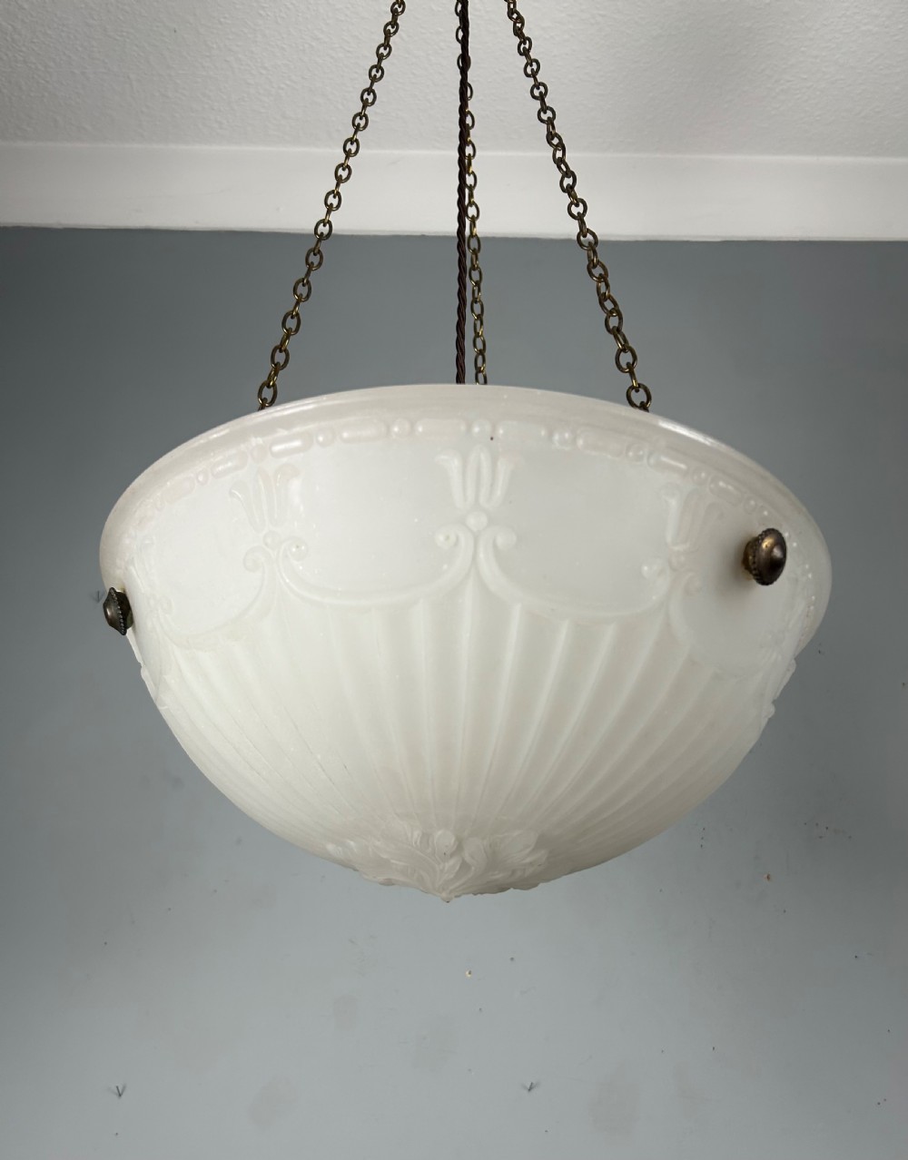 Edwardian Moonstone Plafonnier Ceiling Light, Chandelier, Original Shade, Rewired  View XI