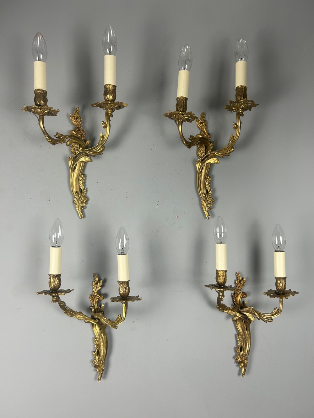 Set Of 4 Gilt French Antique Wall Lights, Rewired 
