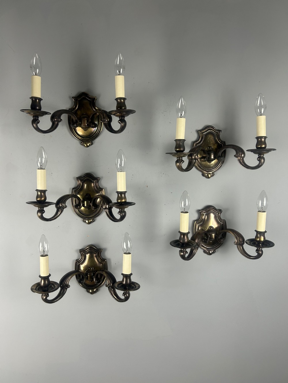 Set of Five Aged Brass English Shield Antique Wall Lights, Rewired 