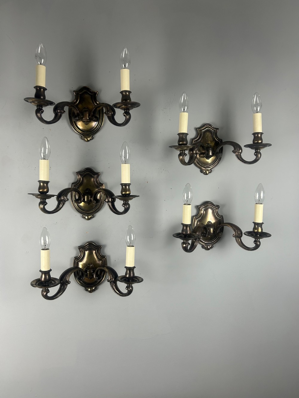 Set of Five Aged Brass English Shield Antique Wall Lights, Rewired  View II