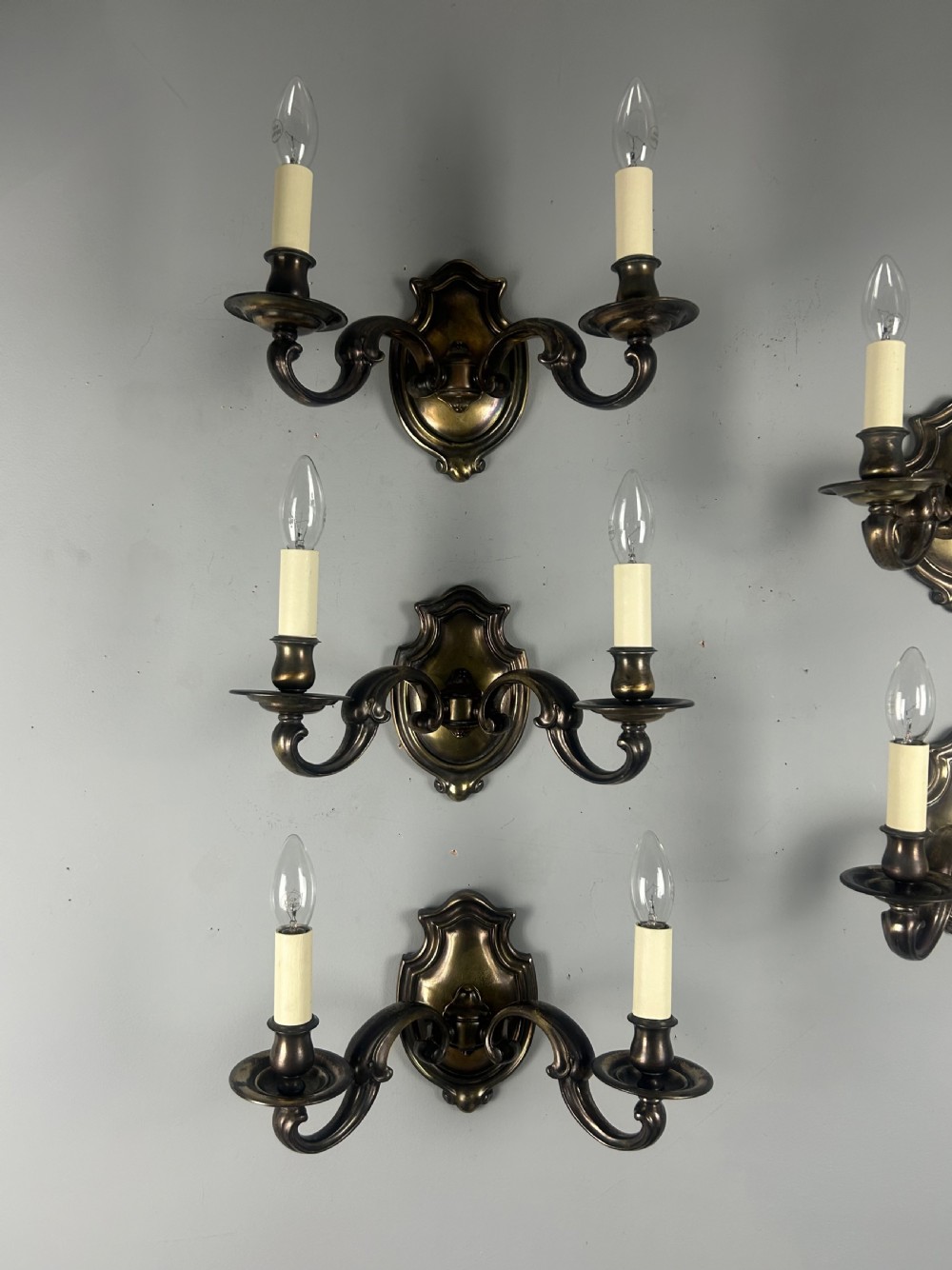 Set of Five Aged Brass English Shield Antique Wall Lights, Rewired  View III