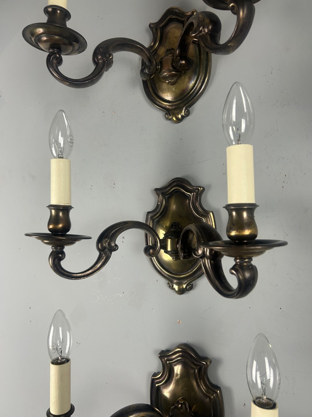 Set of Five Aged Brass English Shield Antique Wall Lights, Rewired  View IV