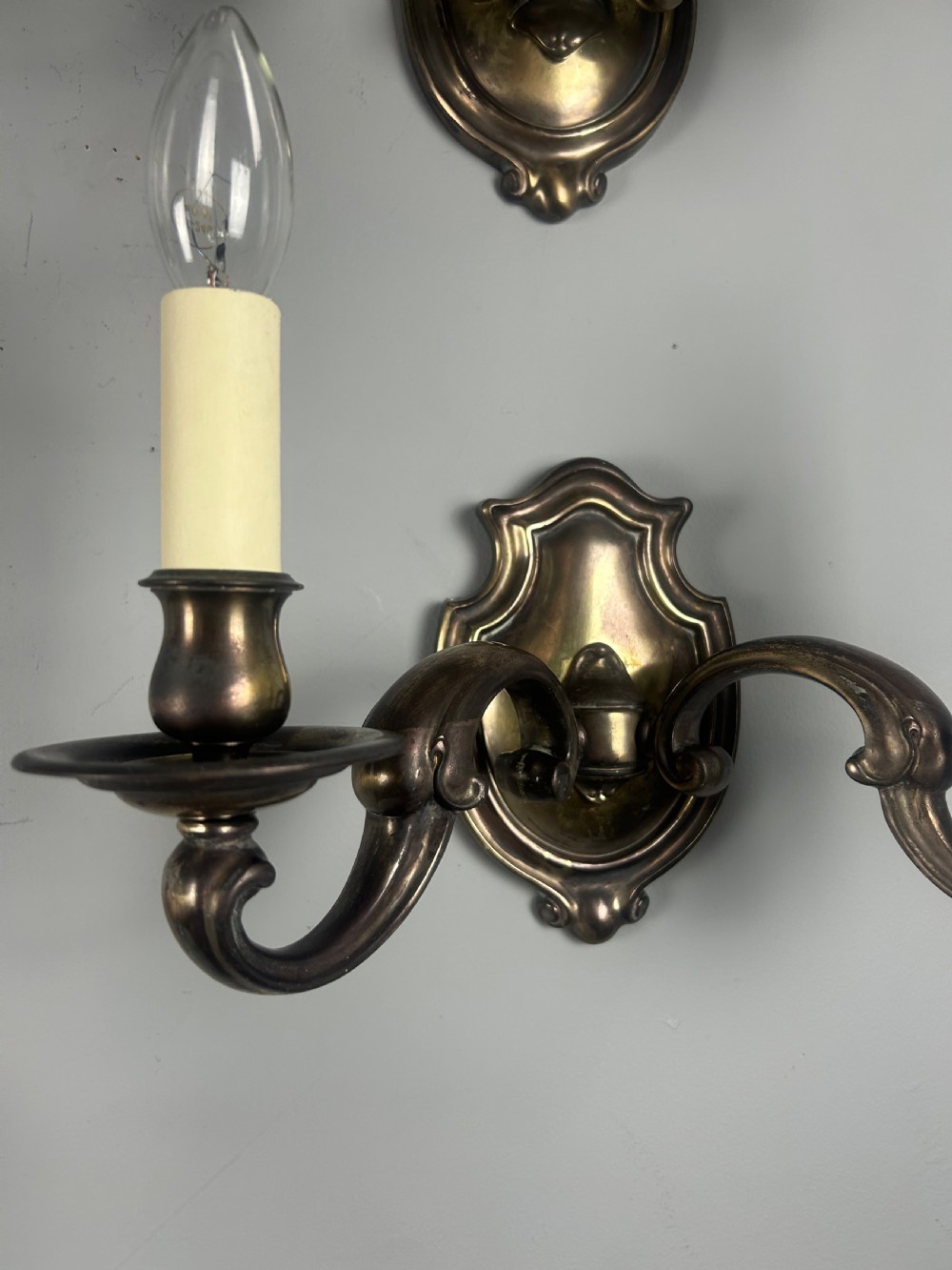 Set of Five Aged Brass English Shield Antique Wall Lights, Rewired  View V