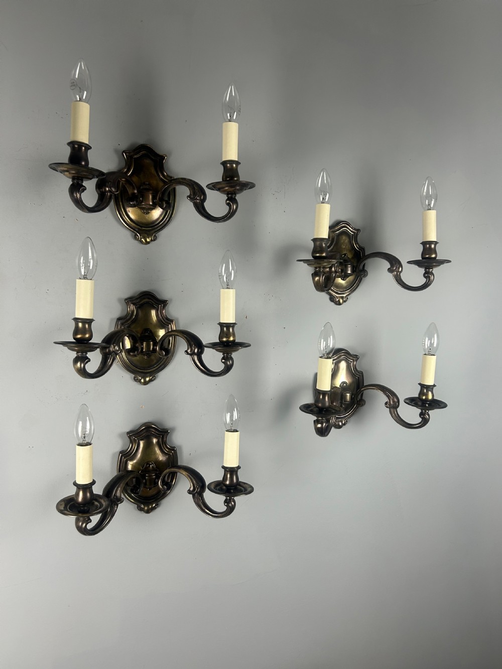 Set of Five Aged Brass English Shield Antique Wall Lights, Rewired  View VI