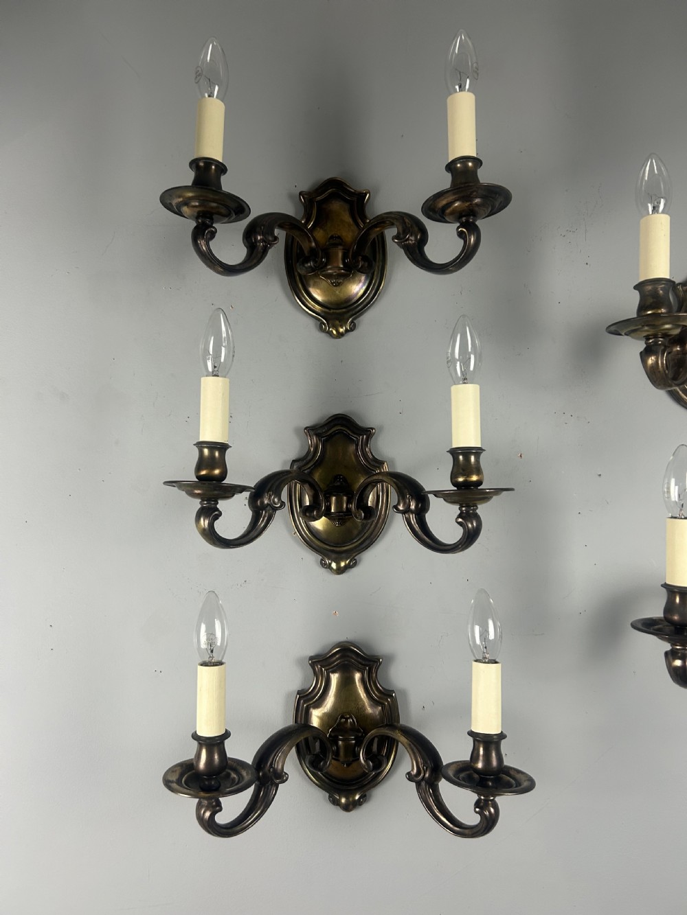 Set of Five Aged Brass English Shield Antique Wall Lights, Rewired  View VII