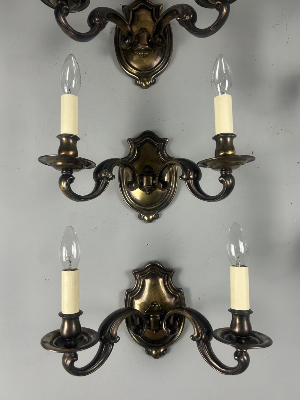 Set of Five Aged Brass English Shield Antique Wall Lights, Rewired  View VIII