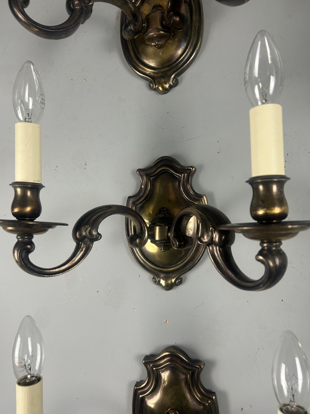 Set of Five Aged Brass English Shield Antique Wall Lights, Rewired  View IX