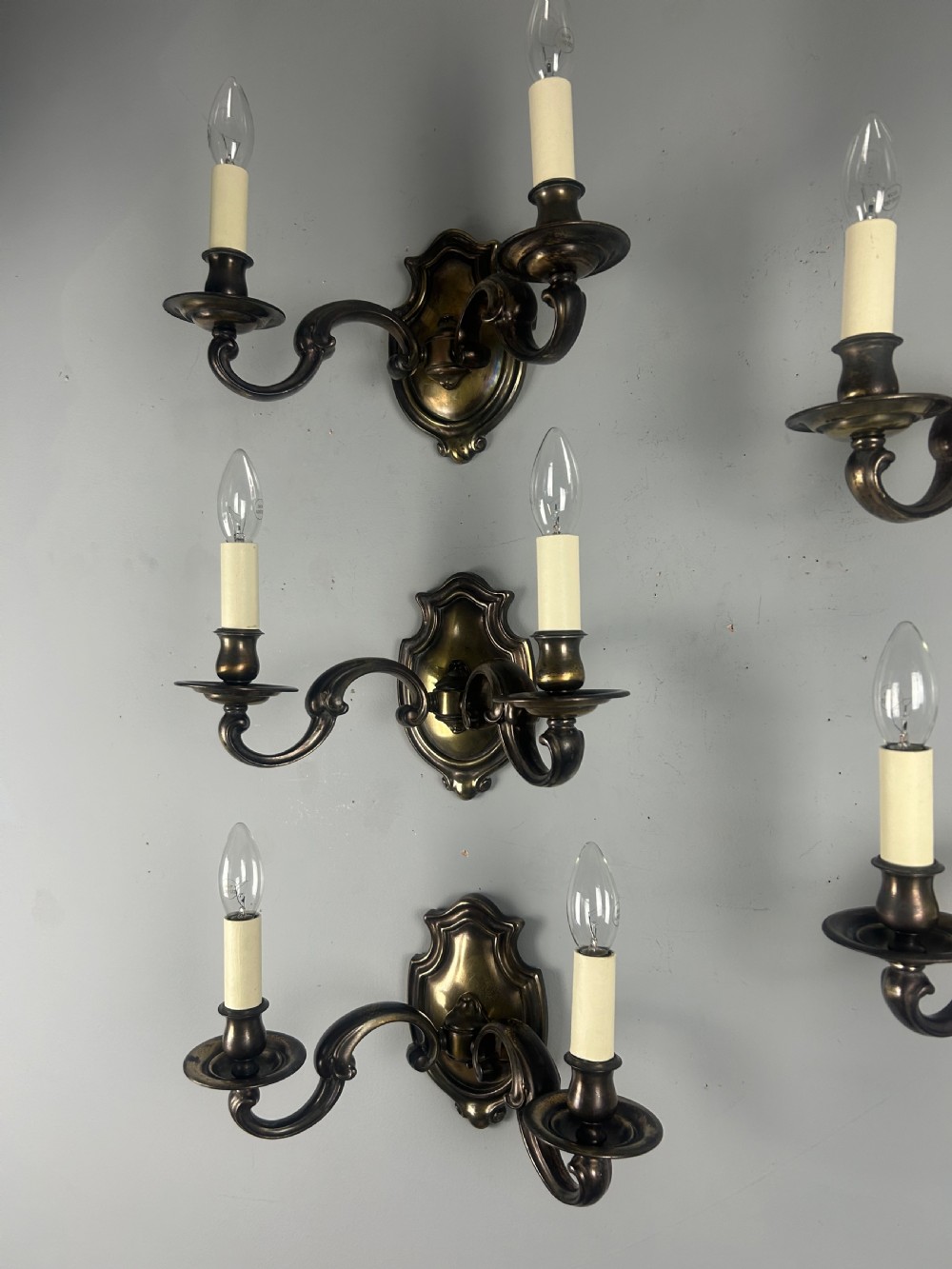Set of Five Aged Brass English Shield Antique Wall Lights, Rewired  View X