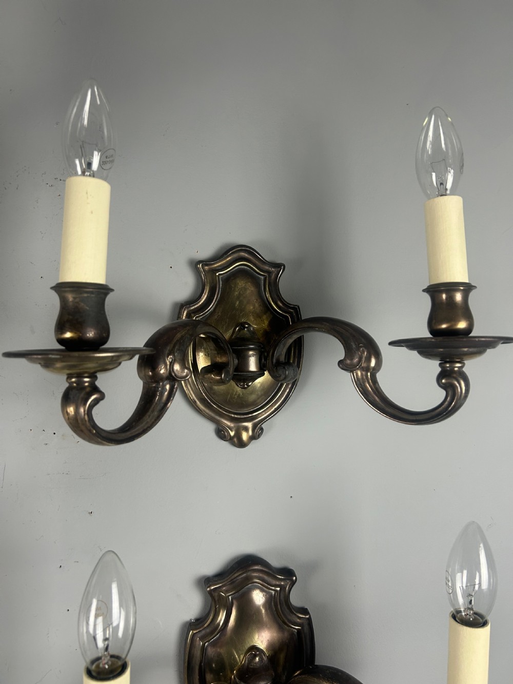 Set of Five Aged Brass English Shield Antique Wall Lights, Rewired  View XI