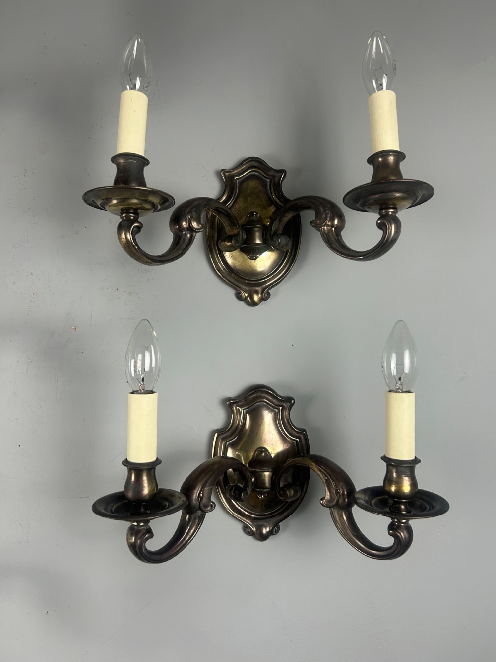 Set of Five Aged Brass English Shield Antique Wall Lights, Rewired  View XII