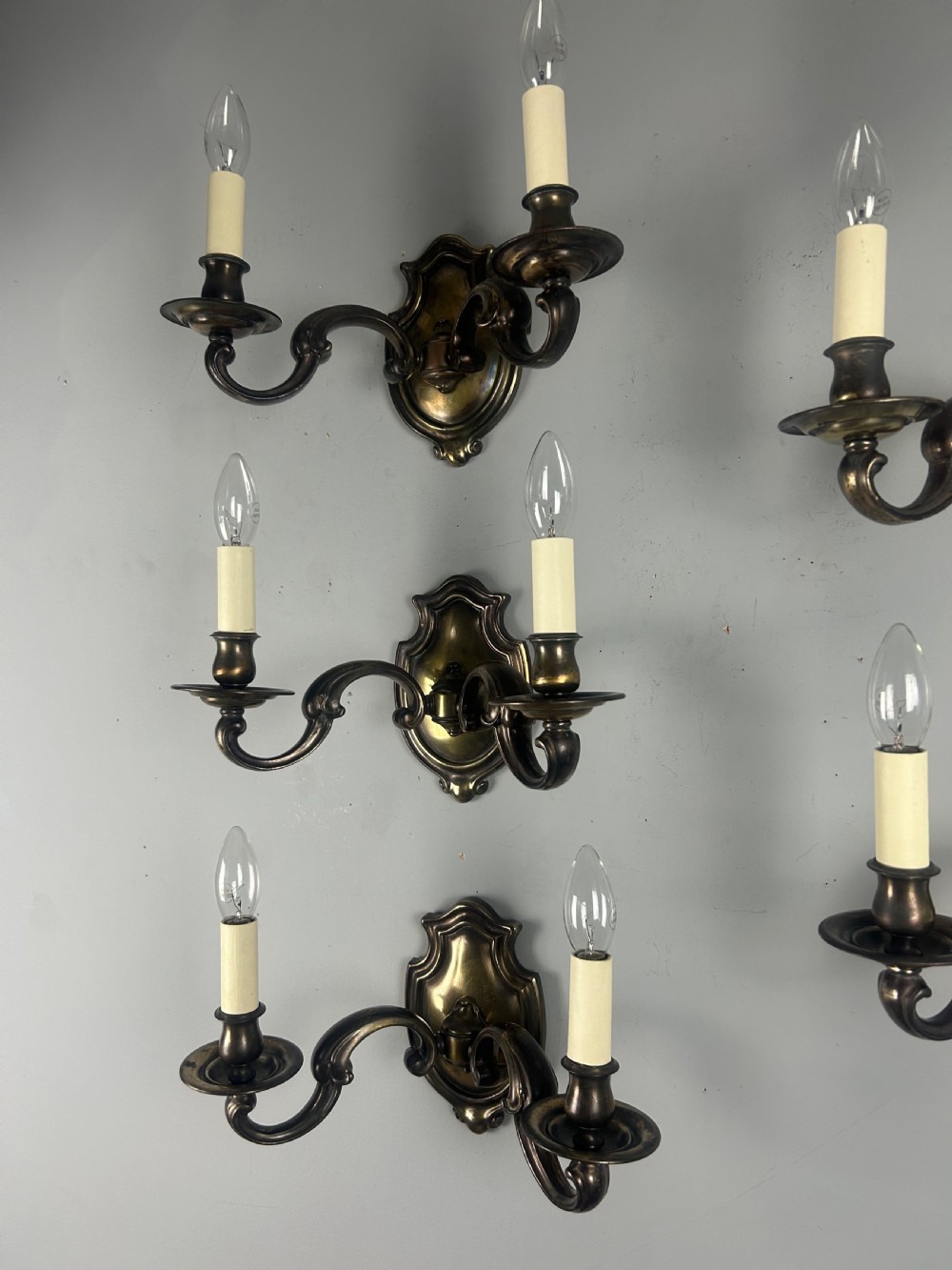 Set of Five Aged Brass English Shield Antique Wall Lights, Rewired  View XIII