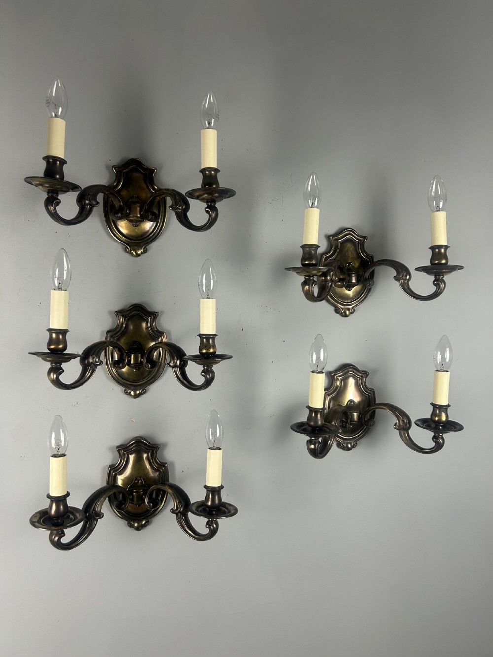 Set of Five Aged Brass English Shield Antique Wall Lights, Rewired  View XIV