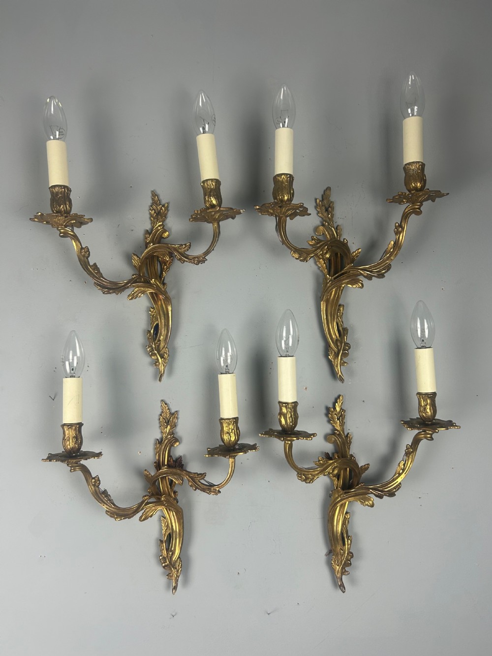 Set Of 4 Gilt French Antique Wall Lights, Rewired