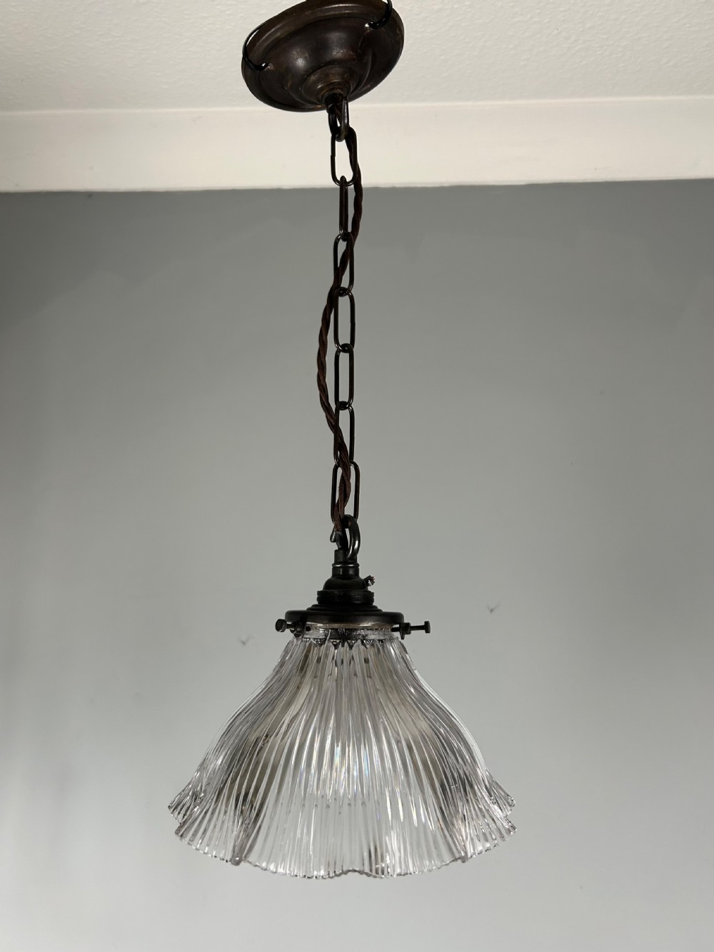 Antique Holophane Pendant Ceiling Light, Original Shade, Rewired And Pat Tested 