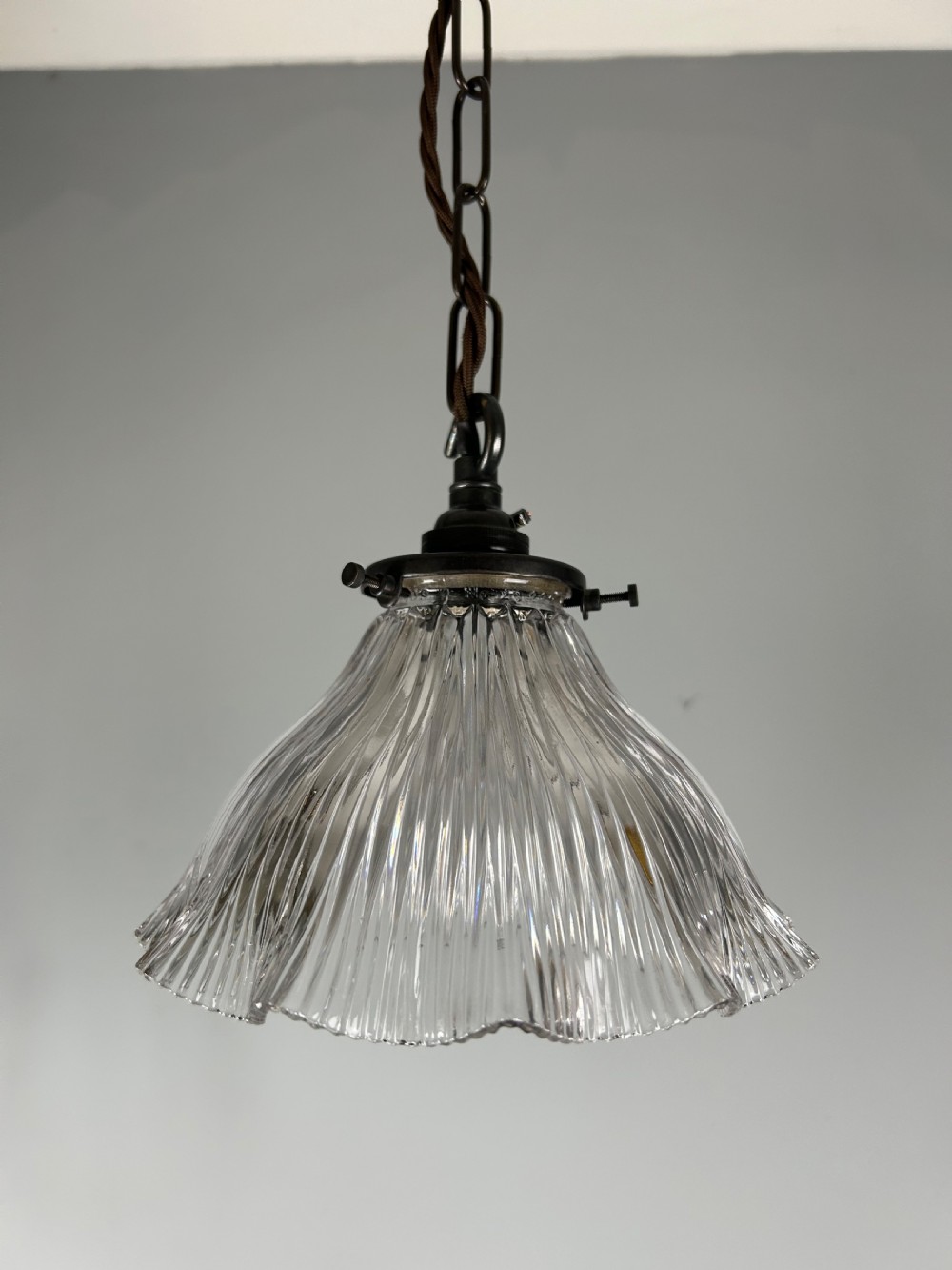 Antique Holophane Pendant Ceiling Light, Original Shade, Rewired And Pat Tested  View II