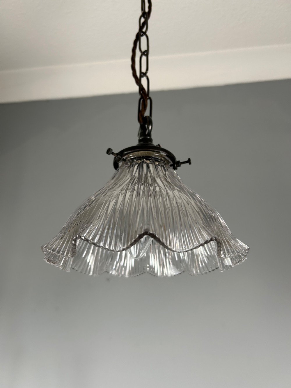 Antique Holophane Pendant Ceiling Light, Original Shade, Rewired And Pat Tested  View IV