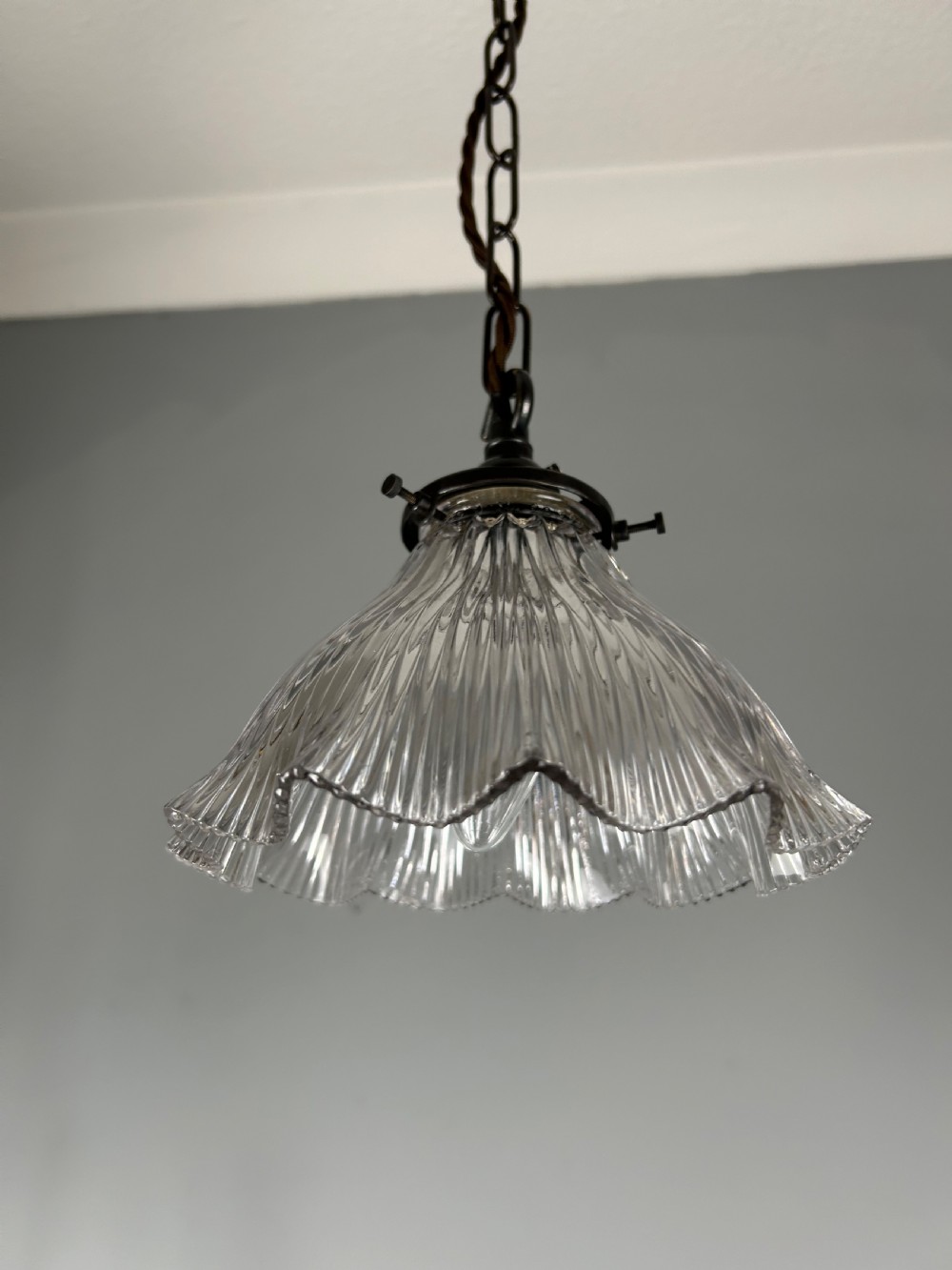 Antique Holophane Pendant Ceiling Light, Original Shade, Rewired And Pat Tested  View VII