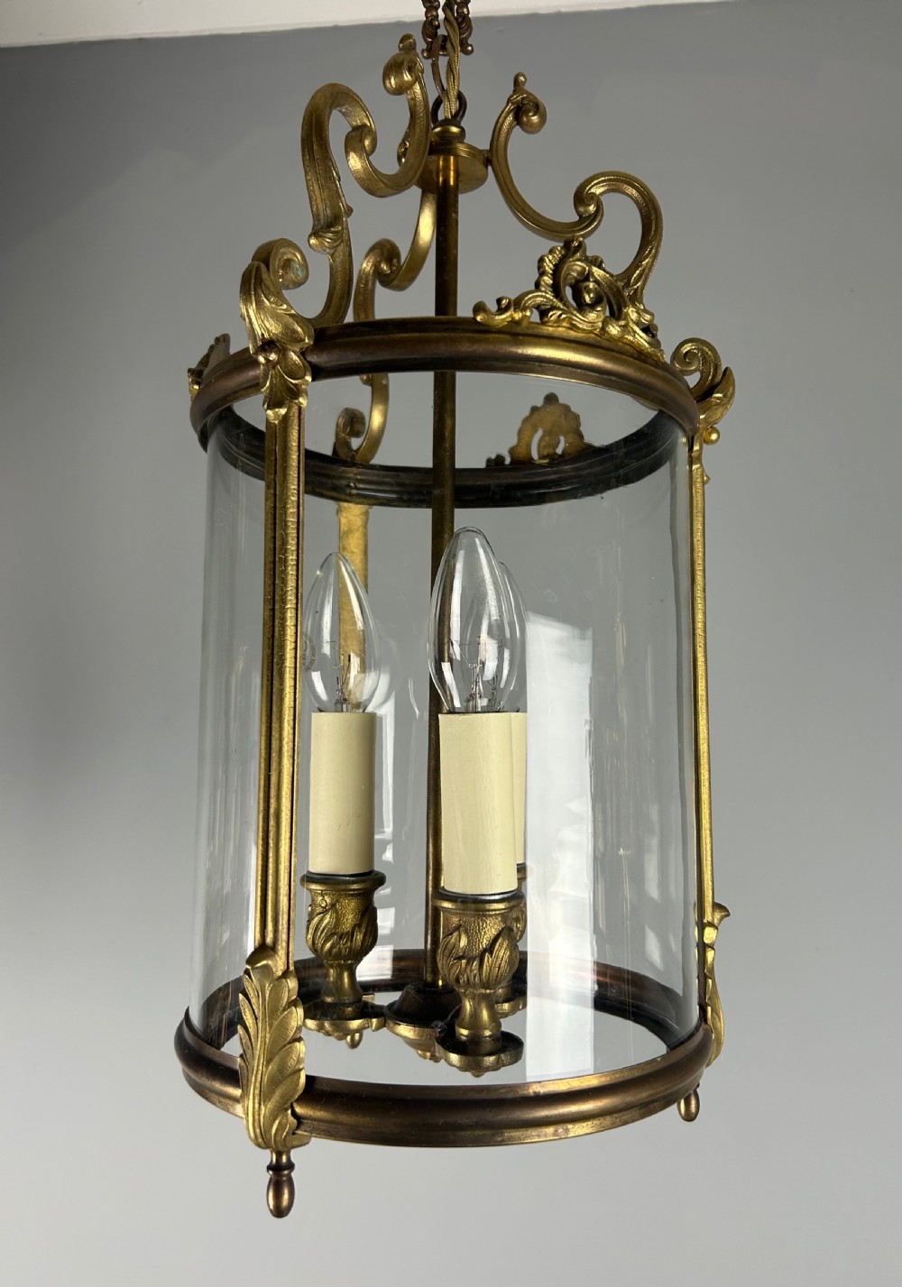 French Gilded Bronze Triple Light Hall Lantern, Rewired