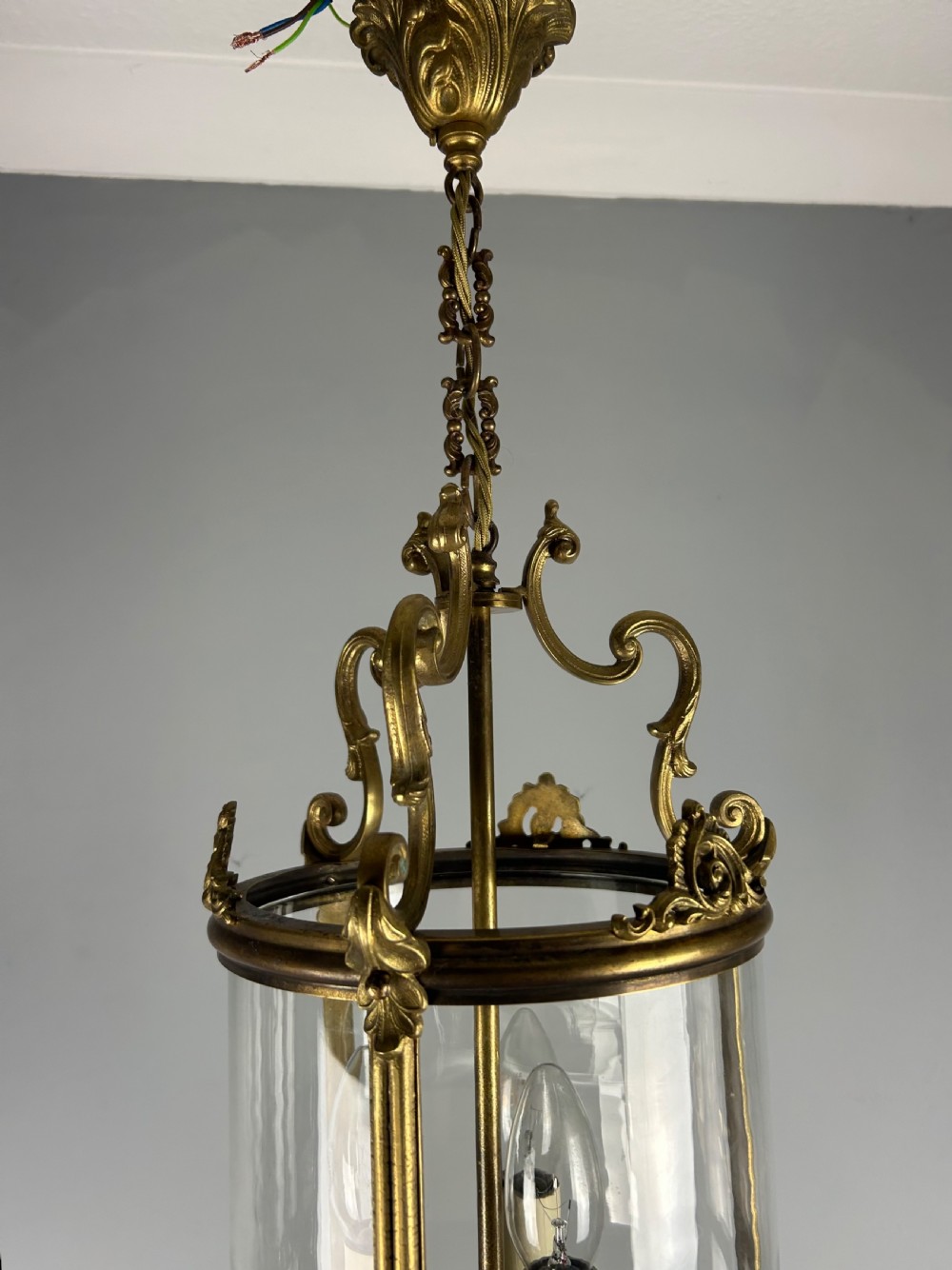 French Gilded Bronze Triple Light Hall Lantern, Rewired View II