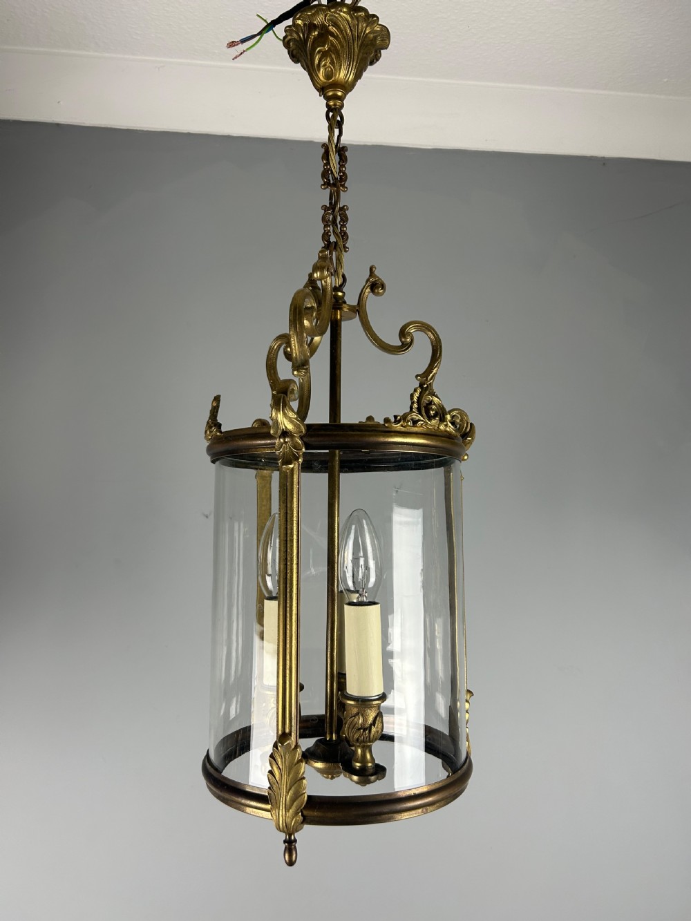 French Gilded Bronze Triple Light Hall Lantern, Rewired View IV