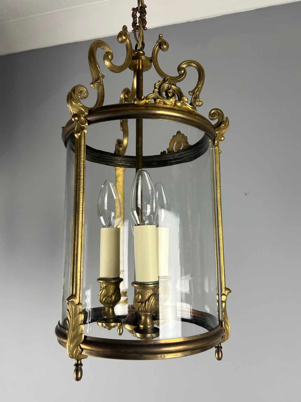 French Gilded Bronze Triple Light Hall Lantern, Rewired View V
