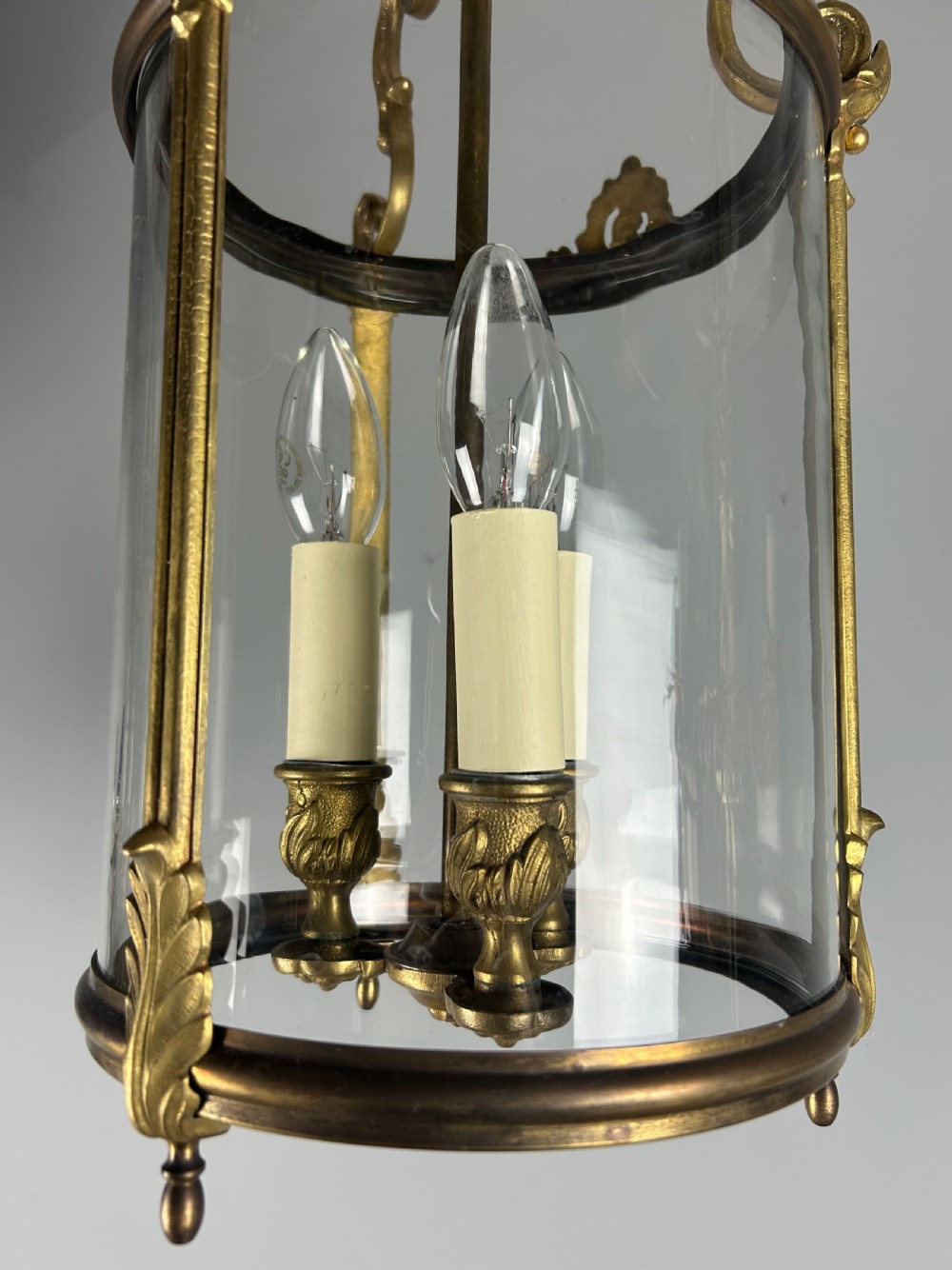 French Gilded Bronze Triple Light Hall Lantern, Rewired View VI