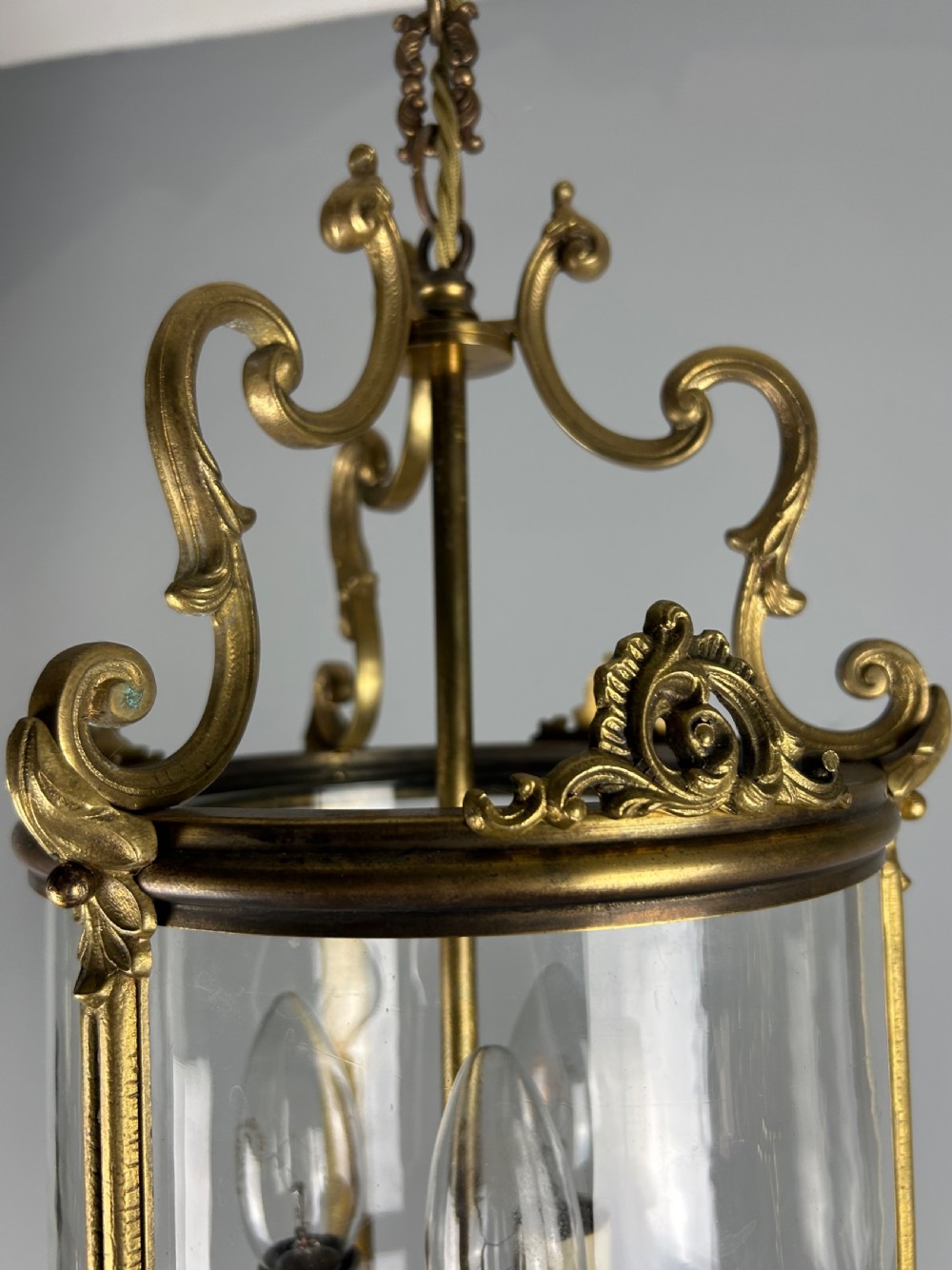 French Gilded Bronze Triple Light Hall Lantern, Rewired View VII