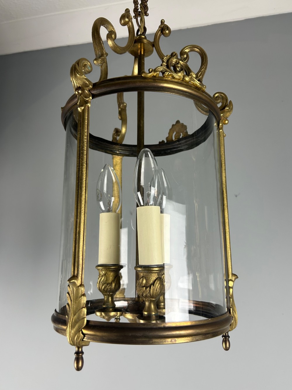 French Gilded Bronze Triple Light Hall Lantern, Rewired View IX