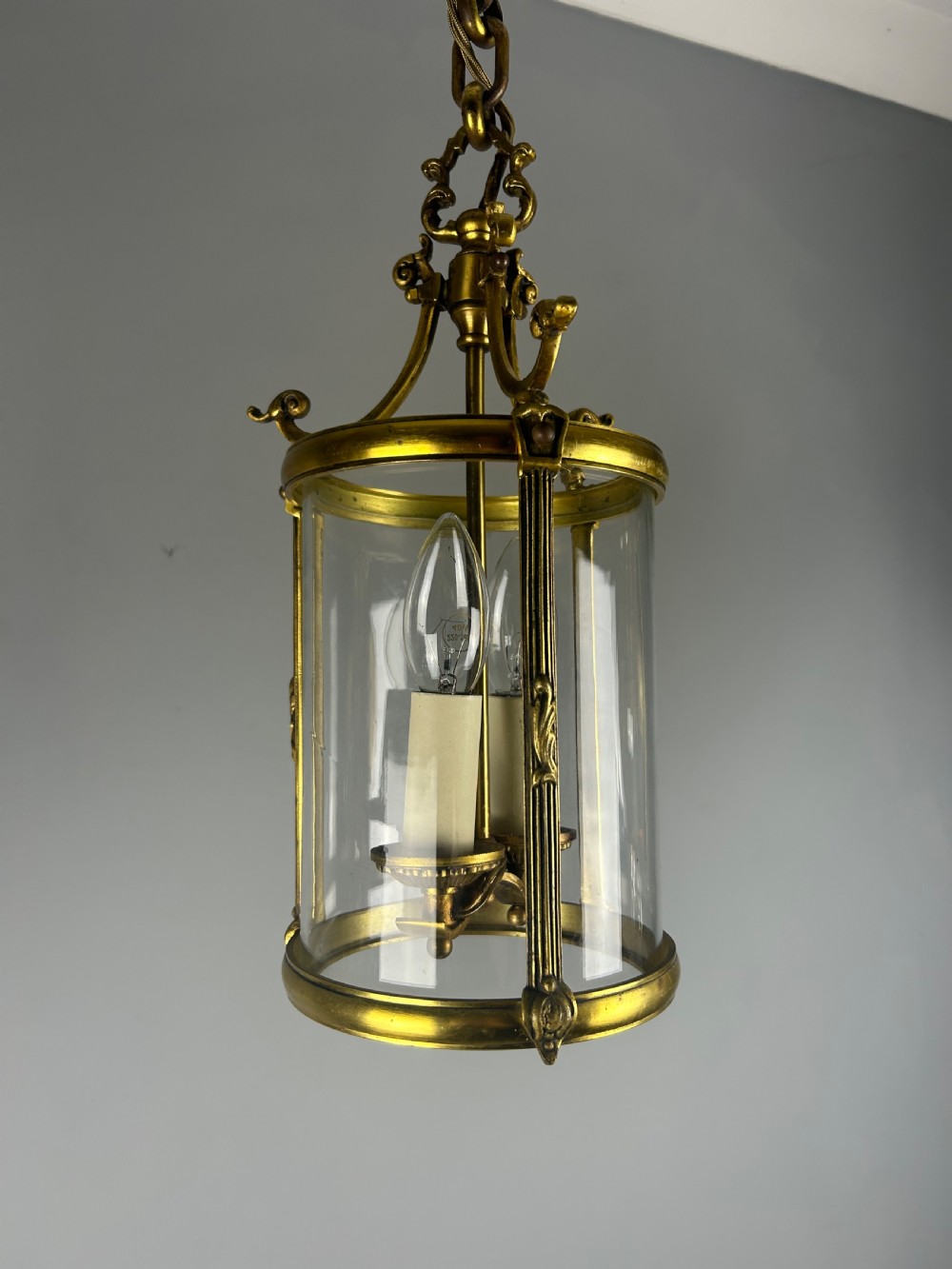French Gilded Bronze Twin Light Hall Lantern, Rewired View VII