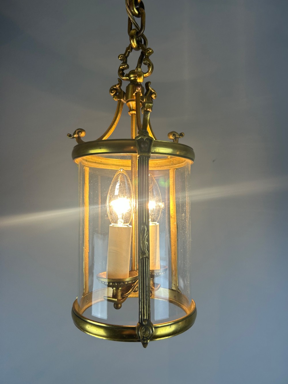 French Gilded Bronze Twin Light Hall Lantern, Rewired View IX
