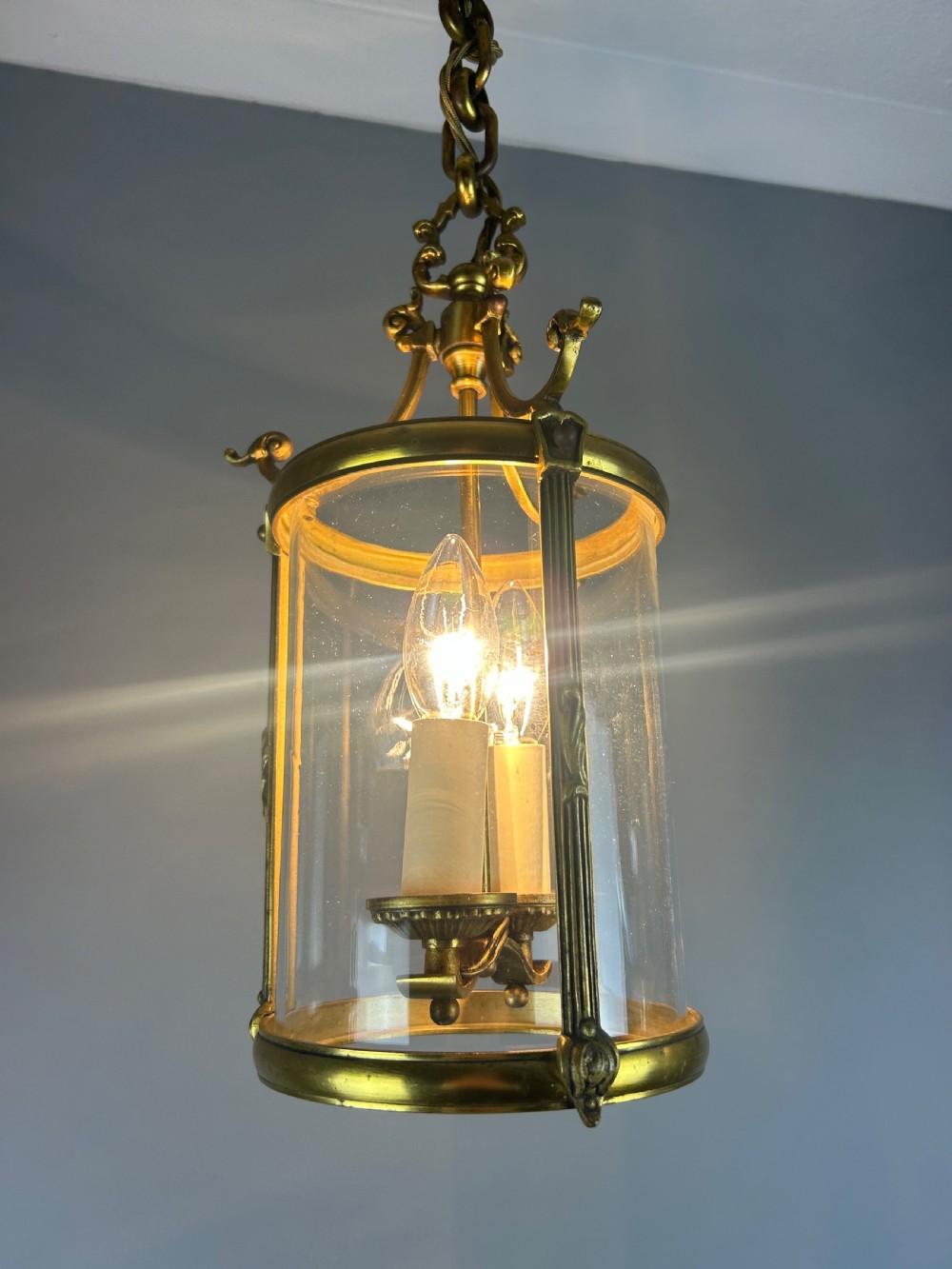 French Gilded Bronze Twin Light Hall Lantern, Rewired View X