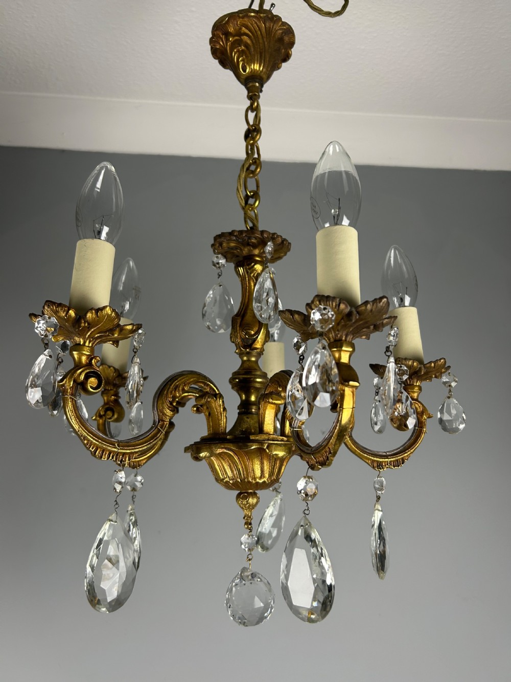 French Gilded Bronze 5 Light Antique Crystal Chandelier View II