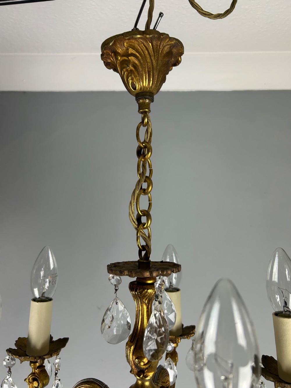 French Gilded Bronze 5 Light Antique Crystal Chandelier View III