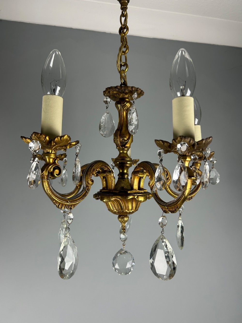 French Gilded Bronze 5 Light Antique Crystal Chandelier View IV