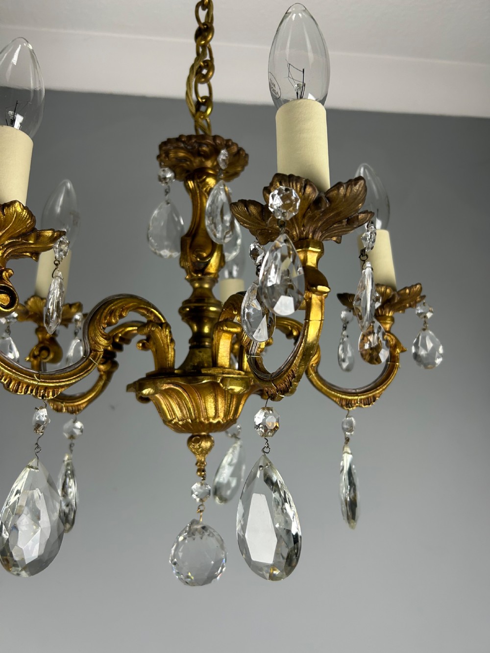 French Gilded Bronze 5 Light Antique Crystal Chandelier View V