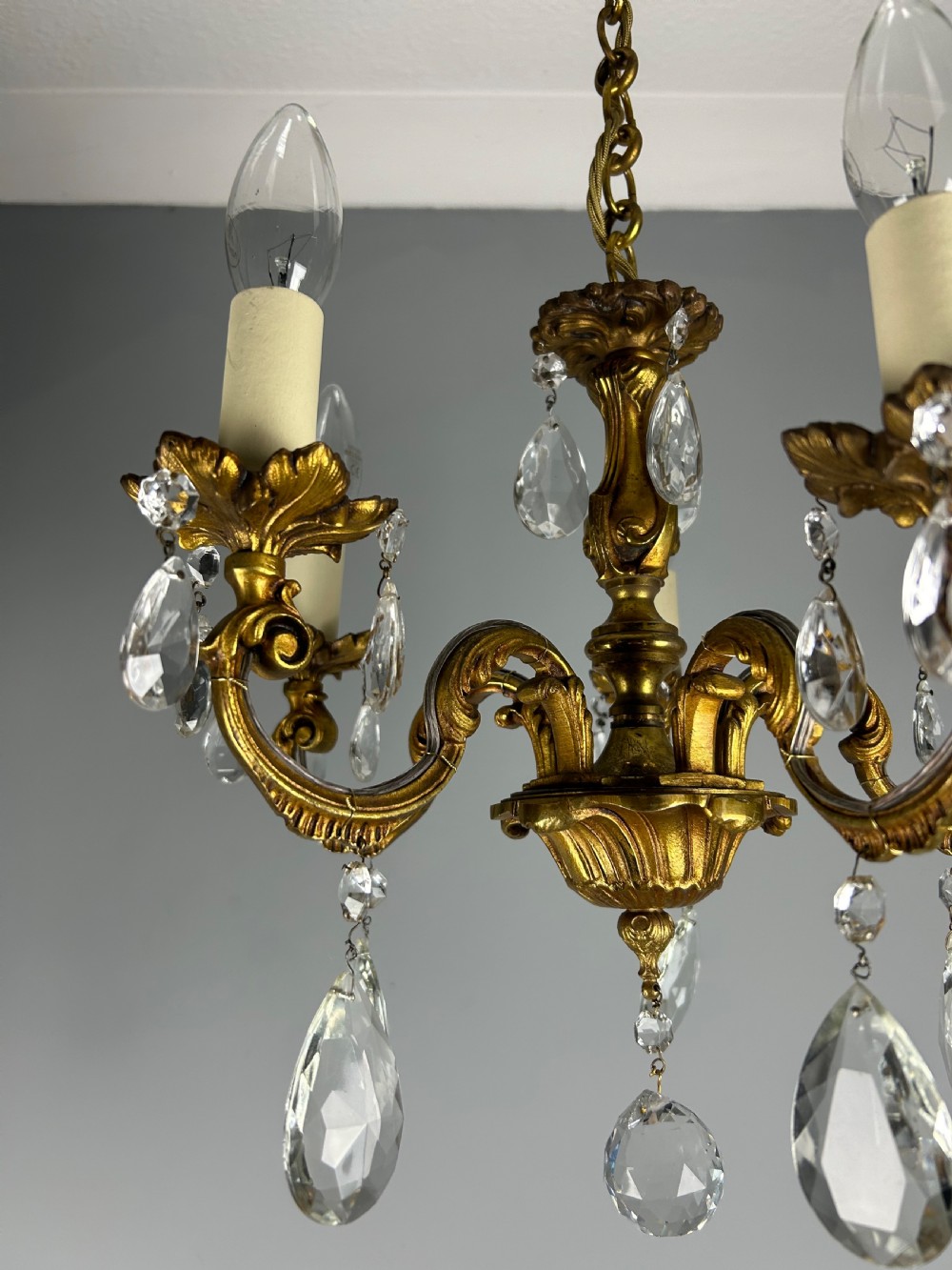 French Gilded Bronze 5 Light Antique Crystal Chandelier View VI
