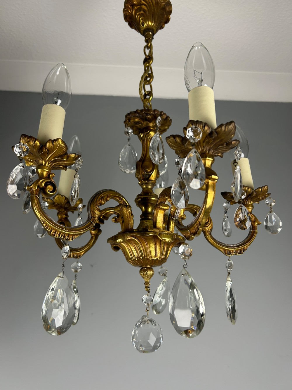 French Gilded Bronze 5 Light Antique Crystal Chandelier View VII