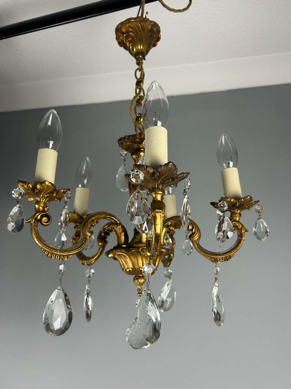 French Gilded Bronze 5 Light Antique Crystal Chandelier View VIII