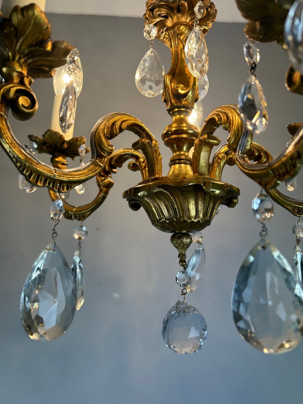 French Gilded Bronze 5 Light Antique Crystal Chandelier View IX
